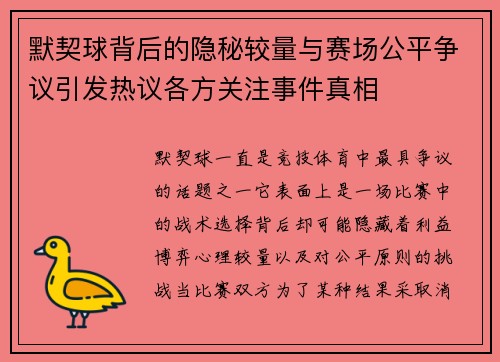默契球背后的隐秘较量与赛场公平争议引发热议各方关注事件真相 默契球背后的隐秘较量与赛场公平争议引发热议各方关注事件真相